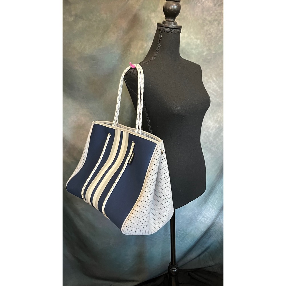 PreneLOVE Neoprene Large Tote Bag Navy Grey Stripe Perforated Sides Rope Handles